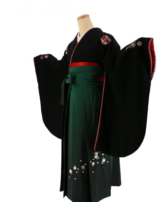 卒業式袴レンタルNo.591[宝塚風]黒・赤ピンク刺繍花紋